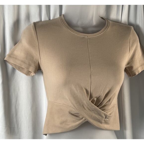 Zara Short Sleeves Cropped Cotton Blend Top, Tan, Sz: S, 83-33 - Picture 2 of 11